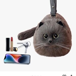 Adorably cute fluffy Cat Purse Plush Soft cat tail zipper  Gray $122 handmade
